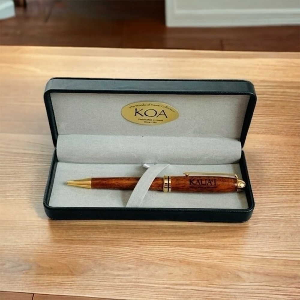 NIB Koa Wood Euro Style Pen Handcrafted Hawaiian Gold Trim Gift Box 6" Ballpoint